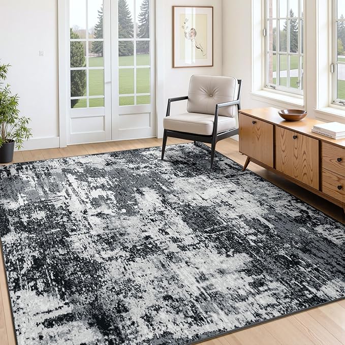 RELEANY Washable Area Rugs 4'x6' Non-Slip Modern Abstract Soft for Living Room Entryway Bedroom Nursery, Print Pattern, Black Navy Blue Gray