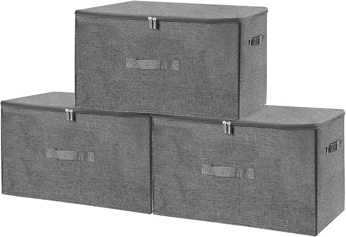 ANMINY 3PCS Storage Bins with Zipper Lids 51.9 Qt Lidded Fabric Storage Boxes Baskets Cubes with Handles Collapsible Washable Cotton Linen Closet Shelf Clothes Organizer - Gray, Extra Large