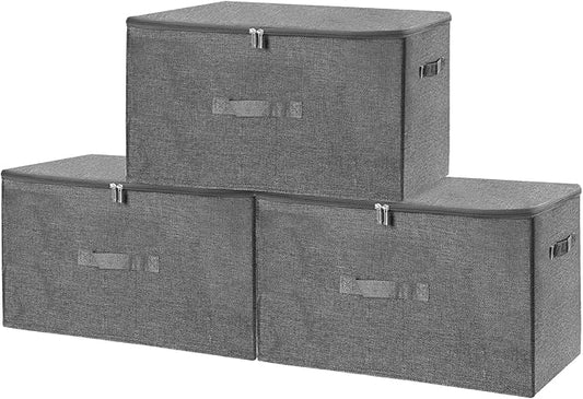 ANMINY 3PCS Storage Bins with Zipper Lids 51.9 Qt Lidded Fabric Storage Boxes Baskets Cubes with Handles Collapsible Washable Cotton Linen Closet Shelf Clothes Organizer - Gray, Extra Large