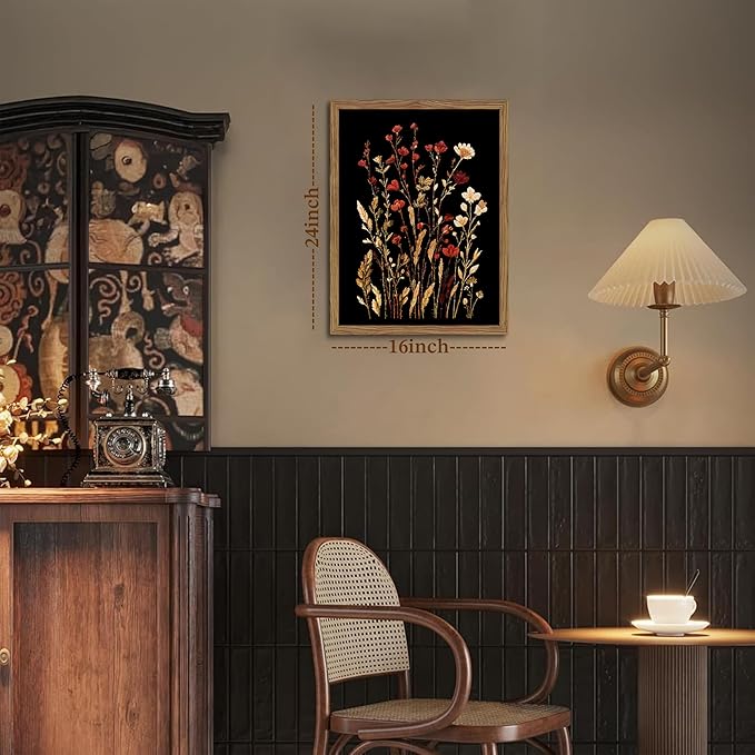 Framed Bathroom Wall Art, Dark Botanical Floral Canvas Wall Decor, Rustic Flower Prints Paintings, Vintage Wildflower Artwork Picture for Bathroom Bedroom Living Room 16x24 Inch