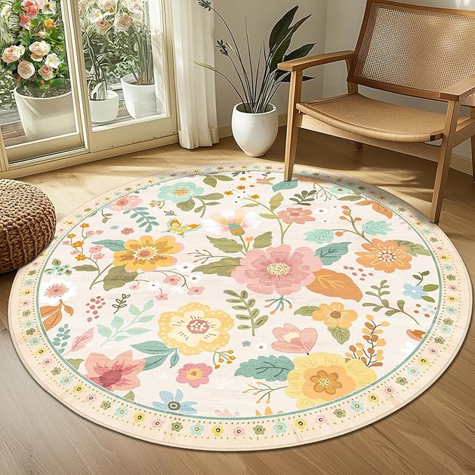 RELEANY Floral Nursery 4ft Area Rugs Washable Print Boho Cute Carpet Non Slip Flower Low Pile for Living Room Kids Girls Playroom Bedroom Kitchen Office Farmhouse-Beige/White/Orange