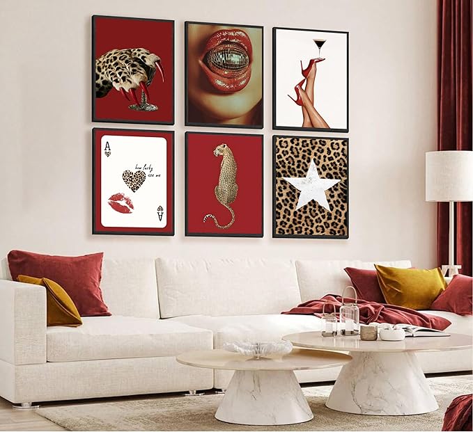 6pcs Trendy Red Fashion Leopard Wall Art Funky Lucky Wall Decor Ace Of Hearts Spades Poker Canvas Prints Vintage Room Aesthetic Pictures Posters Cheetah Painting for Girly Apartment Dorm Unframed
