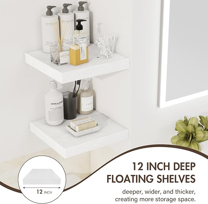 Acovy 12 Inch Floating Shelves, 12" Deep Floating Shelf Wall Mounted, 12" Wall Shelves, Rustic Deep Bookshelf, Extra Deeper Display Shelves & Storage Shelves for Bedroom, Living Room, Set of 3