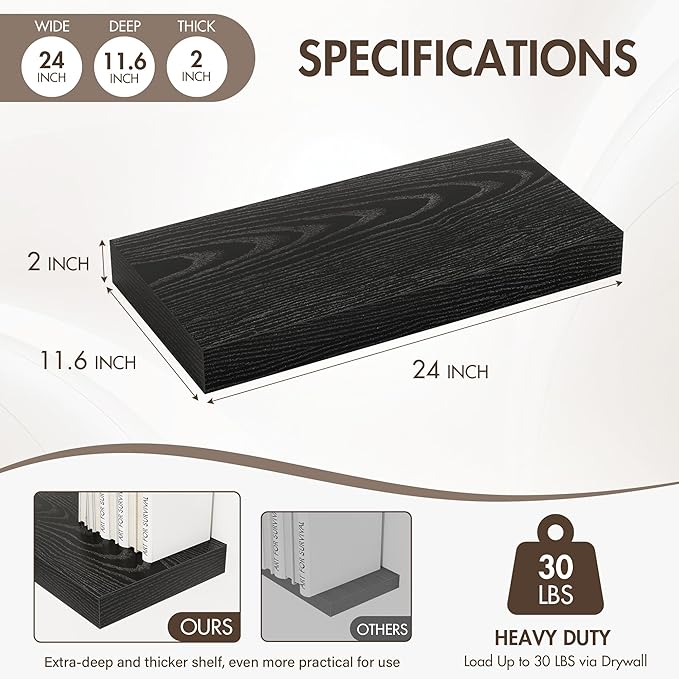 Acovy 24 Inch Floating Shelves, 12" Deep Floating Shelf Wall Mounted, 24" Wall Shelves, Rustic Deep Bookshelf, Extra Deeper & Thicker Display Shelves for Bedroom, Living Room, Black, Set of 2