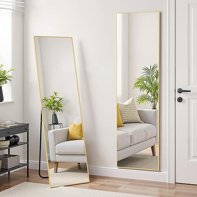 Aluminum Frame Mirror, 59"x16" Full Length Mirror with Stand, Free Standing Leaning Mirror Hanging Mounted Mirror for Bathroom Living Room, Gold
