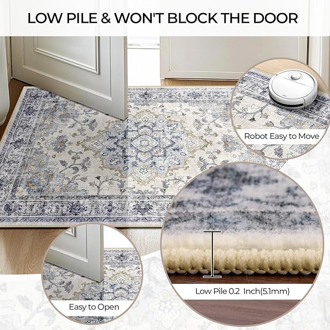 CAPALOCA Machine Washable Rugs Nursery Rug Sq4ft Cute Girl Non Slip Low Pile Water Repellent Soft Print Pattern for Bedroom Indoor Decor Kids Playroom Blue White