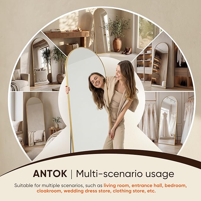 Antok 56" x15” Arched Full Length Floor Mirror, Gold Aluminum Frame, Free Standing/Wall Mount/Leaning for Bedroom, Living Room, Dressing Room