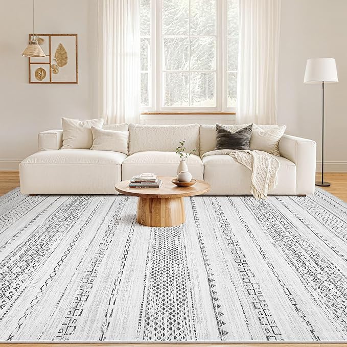 Nakagishi 7x10 Area Rug Living Room: Washable Boho Large Neutral Modern Soft Farmhouse Rugs Stain Resistant Indoor Floor Non-Slip Carpet for Bedroom Nursery Kids Playroom Office Dining Room- Grey