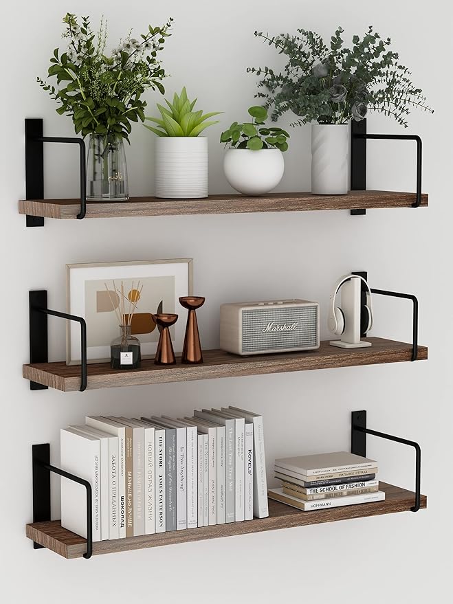 Floating Shelves - 24 Inch Wall Mounted Set of 3 Rustic Wood Shelves for Wall Decor and Living Room Storage (Brown)