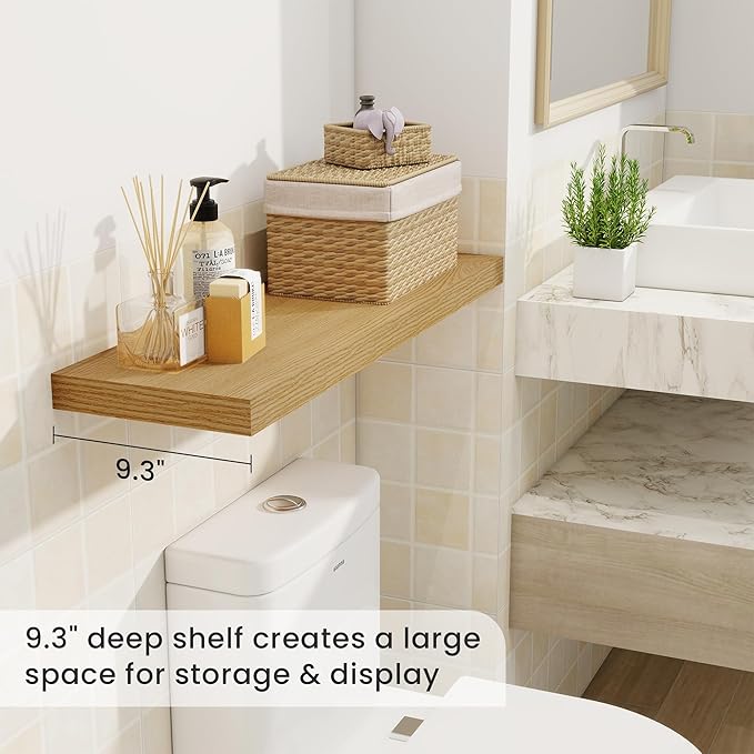 Fun Memories 9.3Inch Deep Floating Shelves for Wall, 32 Inch Rustic Wood Wall Mounted Shelves for Bathroom, Bedroom, Kitchen, Deep Floating Shelf for Storage & Home Decor (Oak, Set of 2)