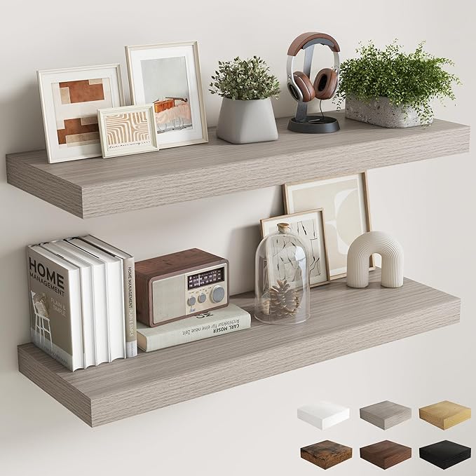 Fun Memories 12 Inch Deep Floating Shelves, 40 x 12 Floating Shelves for Wall Set of 2, Extra Deeper Hanging Wood Wall Shelves for Bedroom, Living Room, Kitchen, Grey