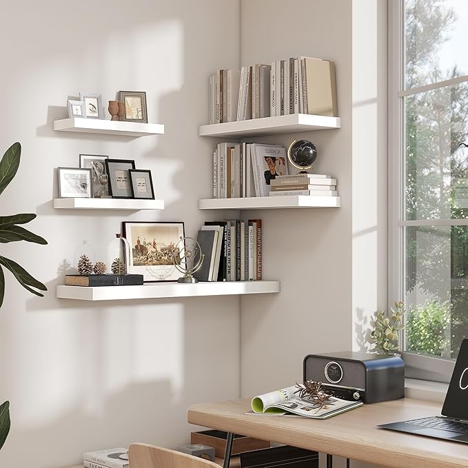 Heimlove 36 Inch White Floating Shelves for Wall,10 Deep Wood Shelves with Invisible Brackets,Wall Mounted Storage & Display Shelves for Bedroom,Living Room,Kitchen,Office