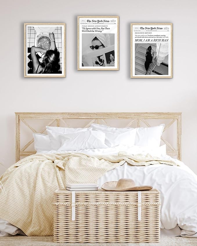 EcoHest Trendy Newspaper Framed Wall Art, 12x16 in OAK Wood Cool Girl Canvas Art, Magazine Bar Cart Print College Dorm Decor, Beige Logs Set of 1 for Bedroom Living Room