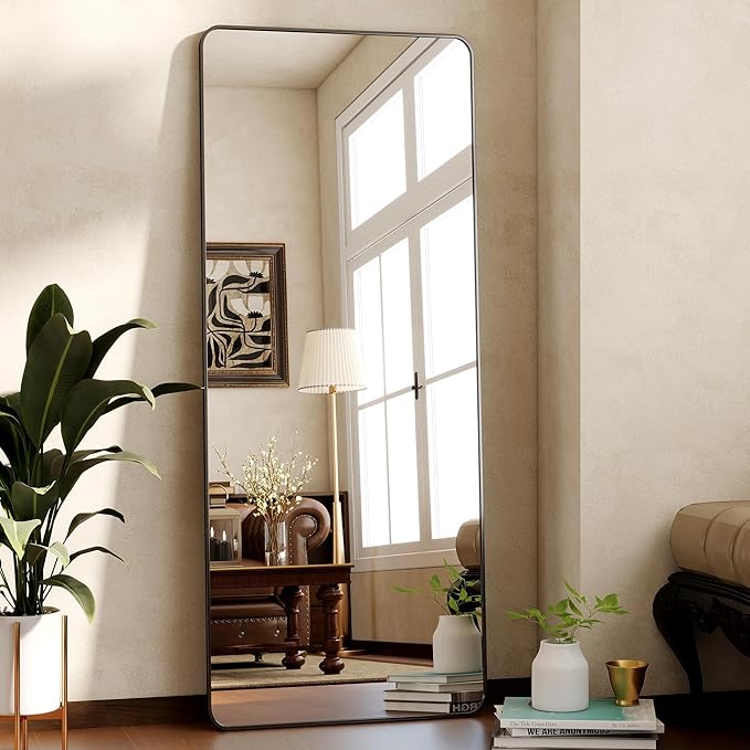 Black Full Length Mirror 21 x 56 Inch Nano Floor Mirrors with Stand Rounded Corner Full Body Mirrors with Aluminum Alloy Frame for Bedroom Living Room Checkroom