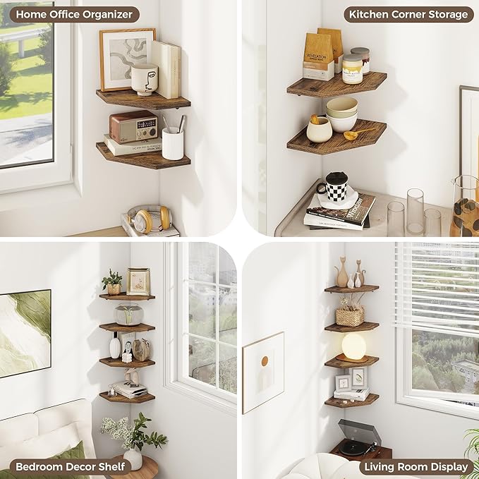 Corner Shelves 2-Pack for Bathroom & Kitchen, Space-Saving Floating Corner Wall Shelf with Easy Installation- Brown