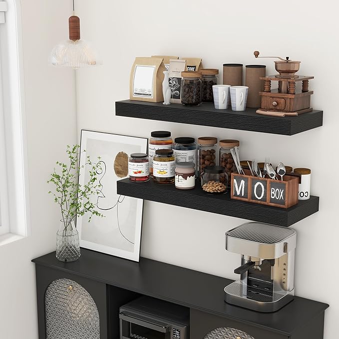 FLYJOE Deep Floating Shelves | 36 Inch Black Floating Shelves Set of 2 | 12 Inch Deep Rustic Wood Shelves for Wall | 36" W x 12" D Black Shelves for Living Room Bathroom Laundry Room Kitchen