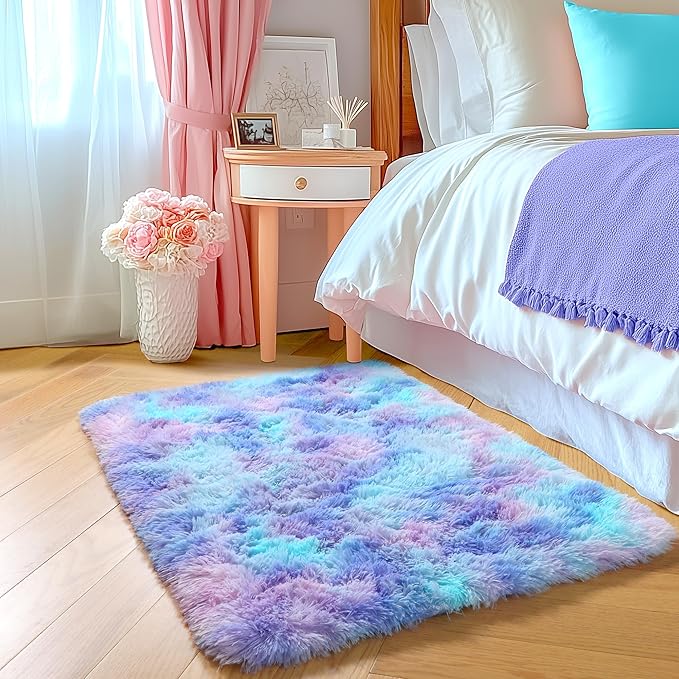 Amdrebio Purple Rainbow 2x3 Small Area Rugs for Bedroom Girls Room Decor, Colorful Mermaid Stitch Frozen Kids Rugs for Playroom Nursery Dorm, Fluffy Furry Cute Shag Kawaii Carpet for Baby Toddler