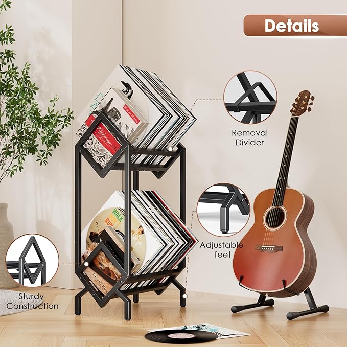 Vinyl Record Storage Rack, Record Holder 160-200 LP Storage Shelf Display Stand for Albums Books Magazines Files, Matte Black