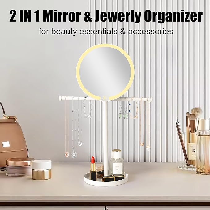 bodkar 2 in 1Lighted Jewelry Organizer Stand with Makeup Mirror – LED Touch Control Vanity Mirror Necklaces Organizer – 3 Light Modes, Jewelry Holder with Tray for Bedroom, Dresser, Gift for Women