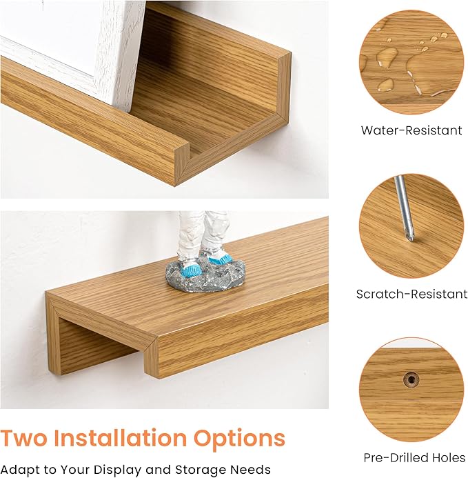 RICHFOCUS Picture Ledge Shelf, 40 inch Floating Shelves Set of 2, Wood Wall Shelves with Lip, Wall Decor Storage for Bedroom Living Room Bathroom Kitchen Nursery Photo Picture, Oak