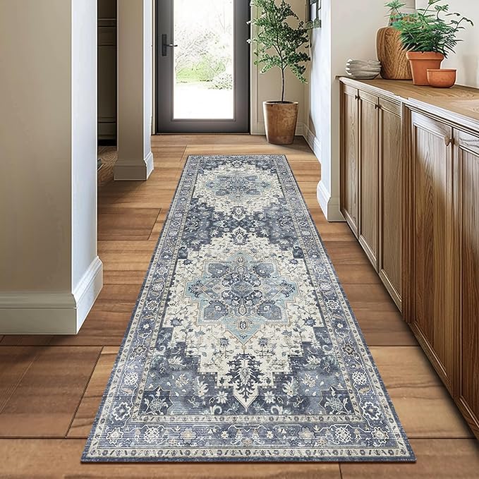GENIMO 2'6"x6 Runner Rugs for Hallway, Machine Washable Non Slip Vintage Rugs, Low Pile Lightweight Soft Print Rug for enrtyway, Corridor, Home Office, Kitchen, Center Blue