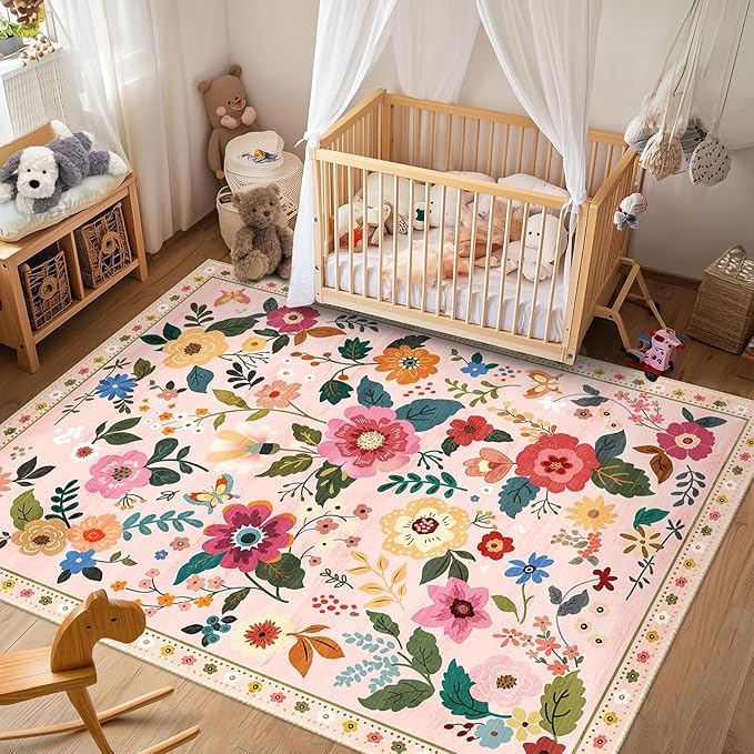 RELEANY Floral Nursery 6x9 Area Rugs Washable Print Boho Cute Carpet Non Slip Flower Low Pile for Living Room Kids Girls Playroom Bedroom Kitchen Office Farmhouse-Pink