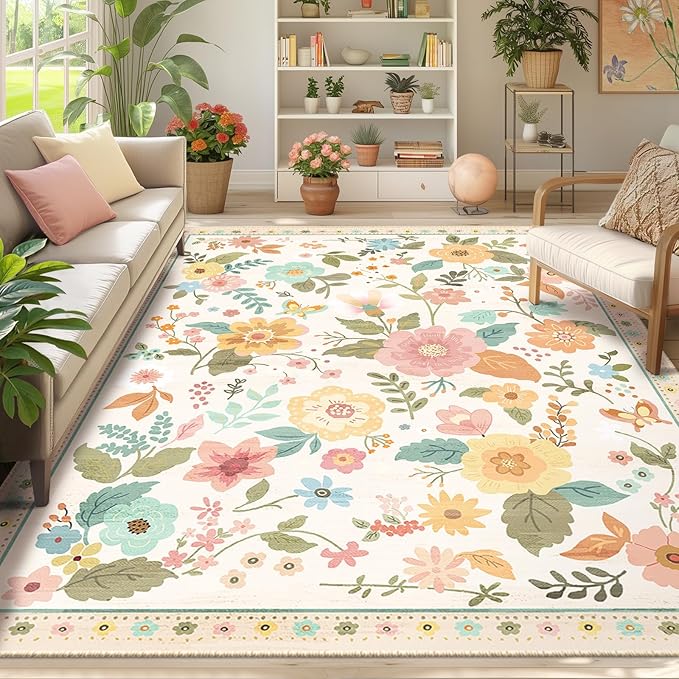 RELEANY Floral Nursery 6x9 Area Rugs Washable Print Boho Cute Carpet Non Slip Flower Low Pile for Living Room Kids Girls Playroom Bedroom Kitchen Office Farmhouse-Beige/White/Orange
