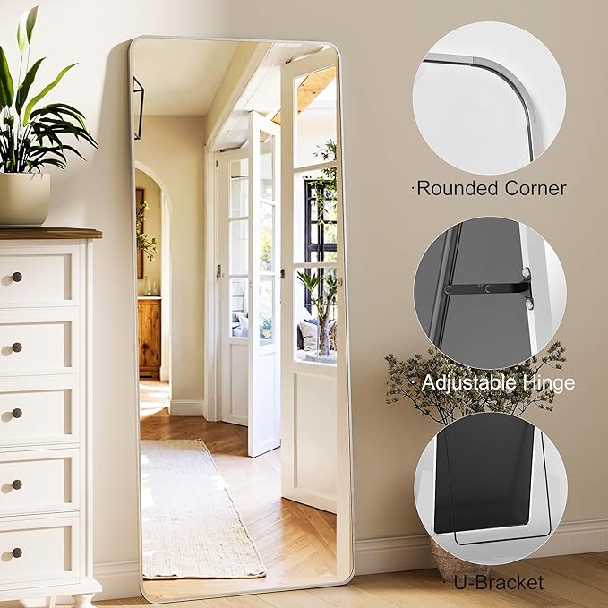 Silver Full Length Mirror 21 x 56 Inch Nano Floor Mirrors with Stand Rounded Corner Full Body Mirrors with Aluminum Alloy Frame for Bedroom Living Room Checkroom