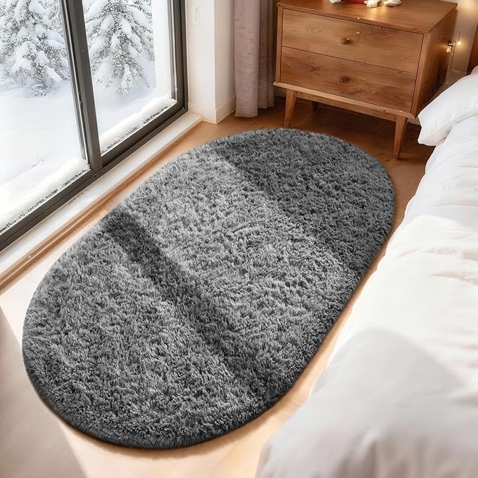 Ophanie 3x5 Grey Oval Rugs for Bedroom Living Room, Gray Small Fluffy Fuzzy Carpet, Plush Soft Shaggy Bedside Indoor Floor Area Rug for Kids Girls Boys Baby Teen Dorm College Home Decor Aesthetic
