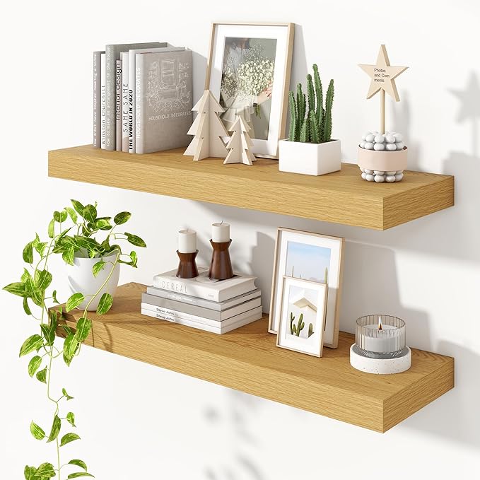 Heimlove 36 Inch Floating Shelves for Wall,Thicker and Deeper Wall Shelves Mounted Storage & Display Wood Shelf,Hanging Shelf for Bedroom Living Room Kitchen Office,Set of 2,Oak