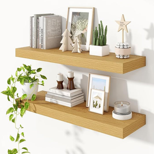 Heimlove 36 Inch Floating Shelves for Wall,Thicker and Deeper Wall Shelves Mounted Storage & Display Wood Shelf,Hanging Shelf for Bedroom Living Room Kitchen Office,Set of 2,Oak