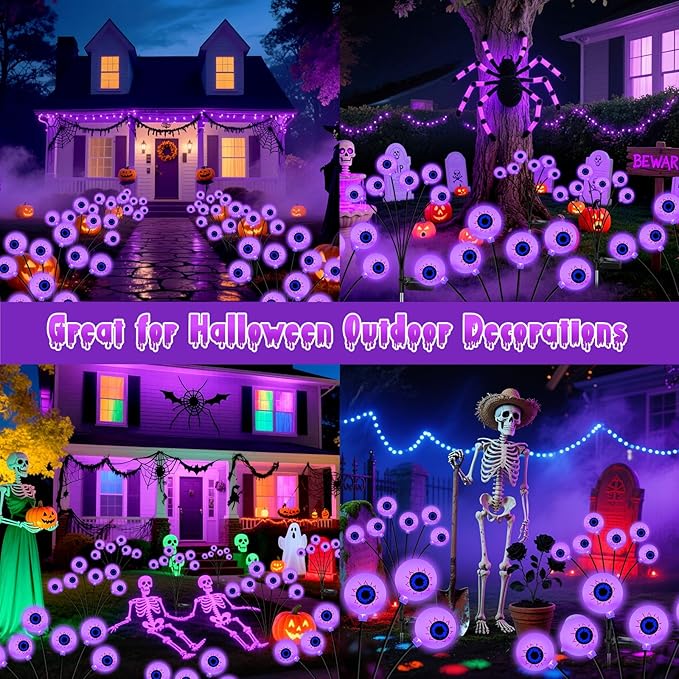 Kohlrabi Halloween Decorations Outdoor, 6 Pack 36 LED Solar Scary Eyeball Swaying Lights, Purple Solar Firefly Light Waterproof Outdoor Garden Lights for Halloween Yard Garden Lawn Party Flower Bed