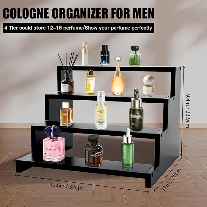 Cologne organizer for men 4 Tier Wooden Cologne Display Organizer Stand Waterproof Anti-Slip Cologne Shelf for Perfume Fragrance Makeup Figures Cupcake Dessert Black Wood Display Stand Riser
