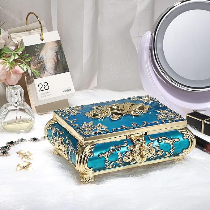 Hipiwe Metal Decorative Jewelry Box Vintage Treasure Chest Case Ornate Trinket Organizer Earrings Necklace Bracelet Storage Box Ring Holder Keepsake Box for Women