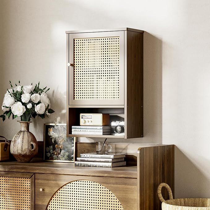 HITNET Bathroom Cabinet Wall Mounted, Medicine Cabinet with Single Rattan Door, Bamboo Hanging Storage Organizer Over Toilet, Space Saving, Walnut