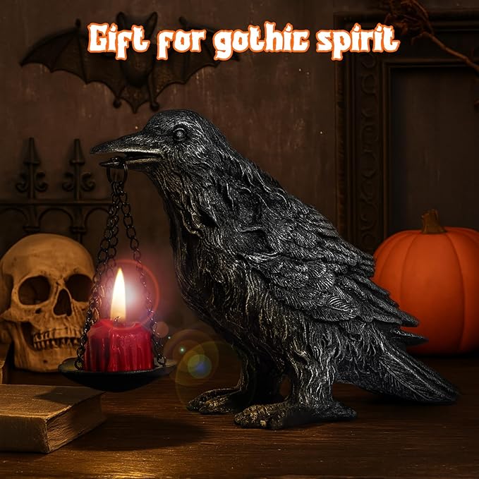 Gothic Crow Lamp with Tealight Candle Holder Resin Raven Decor Statue Gothic Home Decor for Bedroom Unique Goth Gifts Half Silver 2P