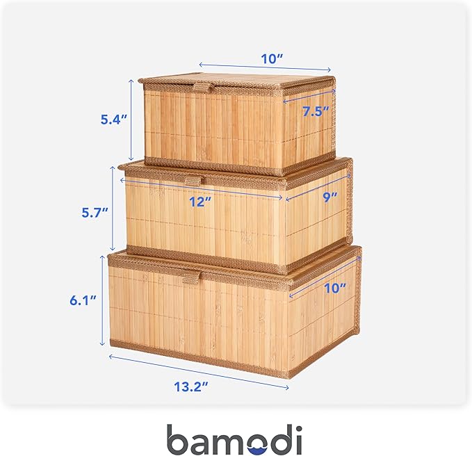 Bamboo Decorative Storage Boxes With Lids - Nesting Rectangular Lidded Box for Organization - Stackable Basket with Cloth Liner - Organizer for Toys, Home, Office - Woven Basket - Set of 3
