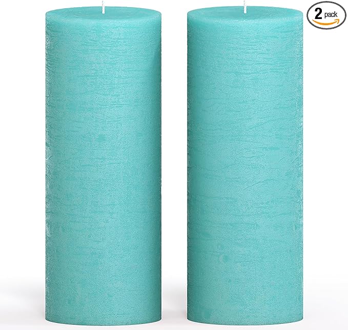 CANDWAX Turquoise Pillar Candles 3x8 Inch – Set of 2 Unscented Dripless Large Candles, Rustic Finish for Weddings, Home Decor, Events