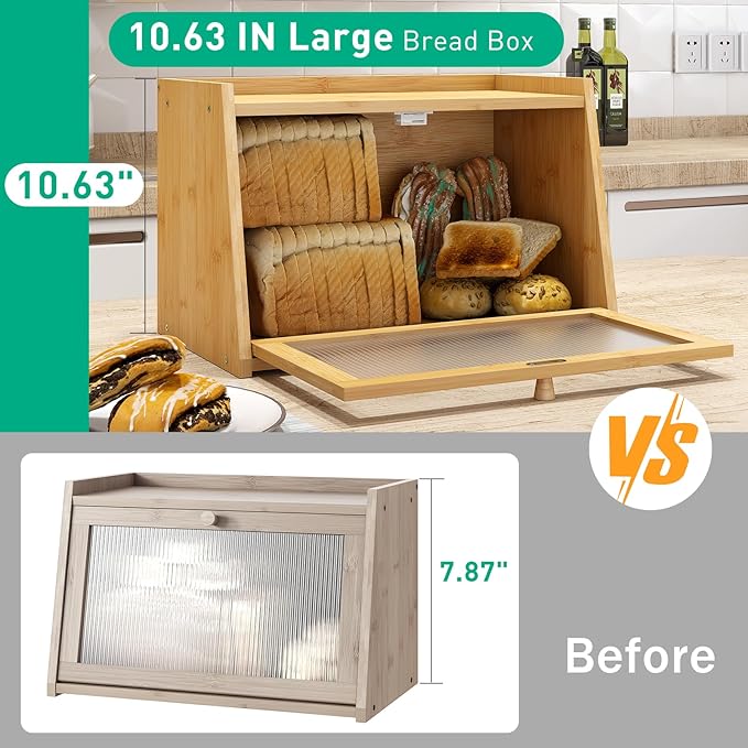 kiplant Bread Box for Kitchen Counter, Large Bamboo Bread Storage Container with Wavy Arcylic Door, Bamboo Wooden Farmhouse Bread Box for Your House (Natural, Medium)