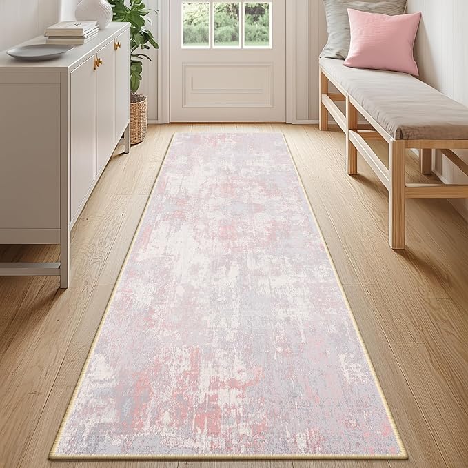 RELEANY Washable Area Rugs 2'x8' Non-Slip Modern Abstract Soft for Living Room Entryway Bedroom Nursery, Print Pattern, Grey Pink