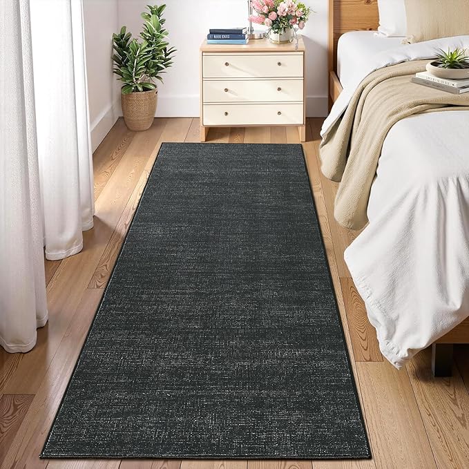 Washable Runner Rug 2x6 Modern Solid Color Kitchen Runner Mat Minimalist Plain Long Runner Rug for Entryway Bedroom Bedside Non Slip Low Pile Boho Accent Solid Runner Rugs for Nursery, Black 2'x6'