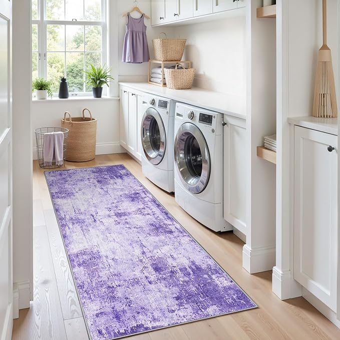 RELEANY Washable Area Rugs 2'x6' Non-Slip Modern Abstract Soft for Living Room Entryway Bedroom Nursery, Print Pattern, Purple Gray Pink White