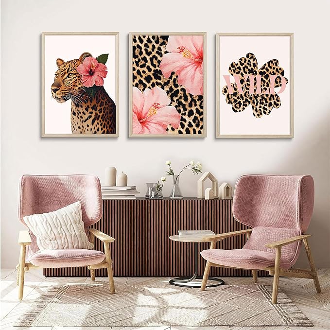 Trendy Leopard Wall Art Pink Cheetah Print Room Decor Leopard Flower Canvas Wall Decor Cheetah Aesthetic Poster Girly Pink Preppy Picture Funky Y2k Artwork for Girl Bedroom 24x36x3 Inch Wood Framed