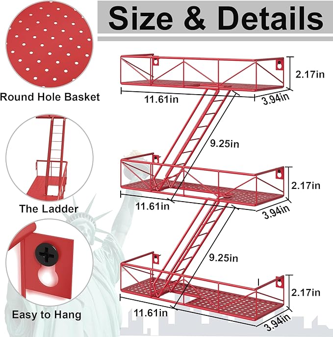 Fire Escape Shelf - 3 Tier Red Fire Escape Wall Shelf with Basket Wall Organizer, New York Metal Decorative Shelves, DIY Floating Action Figurine Display Shelf for Bedroom