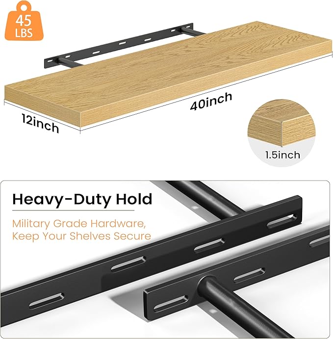 Fun Memories 40 Inch Floating Shelves, 12 Inch Deep Wall Shelves, 40 x 12 Floating Shelf Set of 2, Oak Wood Floating Shelf Wall Mounted, Large Kitchen Living Room Bedroom Bathroom Storage Shelves