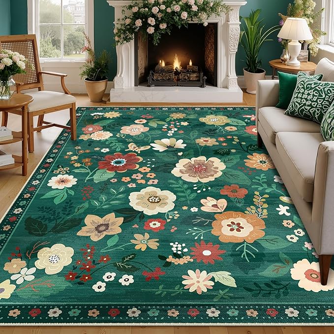 RELEANY Floral Nursery 5x7 Area Rugs Washable Print Boho Cute Carpet Non Slip Flower Low Pile for Living Room Kids Girls Playroom Bedroom Kitchen Office Farmhouse-Dark Green