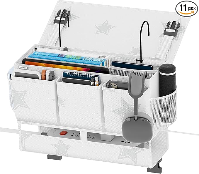 homyfort Bedside Caddy Organizer, Dual-Purpose Bedside Storage with Power Strip Holder, Versatile Bed Caddy with 11 Pockets for Bunk Bed, College Dorm, Home, Hospital, Fits Phones, Books, White