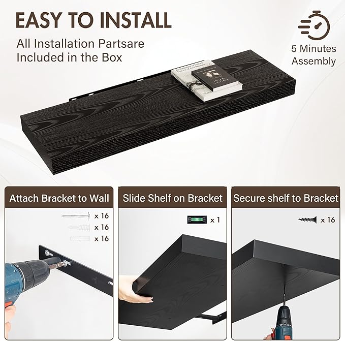 Acovy 40 Inch Floating Shelves, 12" Deep Floating Shelf Wall Mounted, 40" Wall Shelves, Rustic Deep Bookshelf, Extra Deeper & Thicker Display Shelves for Bedroom, Living Room, Black, Set of 2