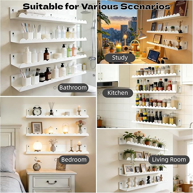 24 Inch Nursery Book Shelves Set of 4, White Metal Floating Shelves for Wall, Scalloped Cloud Book Shelf for Kids Room, Bathroom, Bedroom, Playroom Wall Decor & Storage
