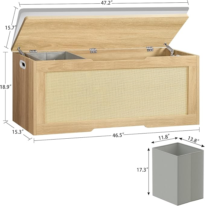 usikey 47.2" Large Storage Chest with Fabric Drawer, Toy Box with Safety Hinges, Extra Wide Storage Bench for Bedroom, Living Room, Entryway, Supports 300 lb